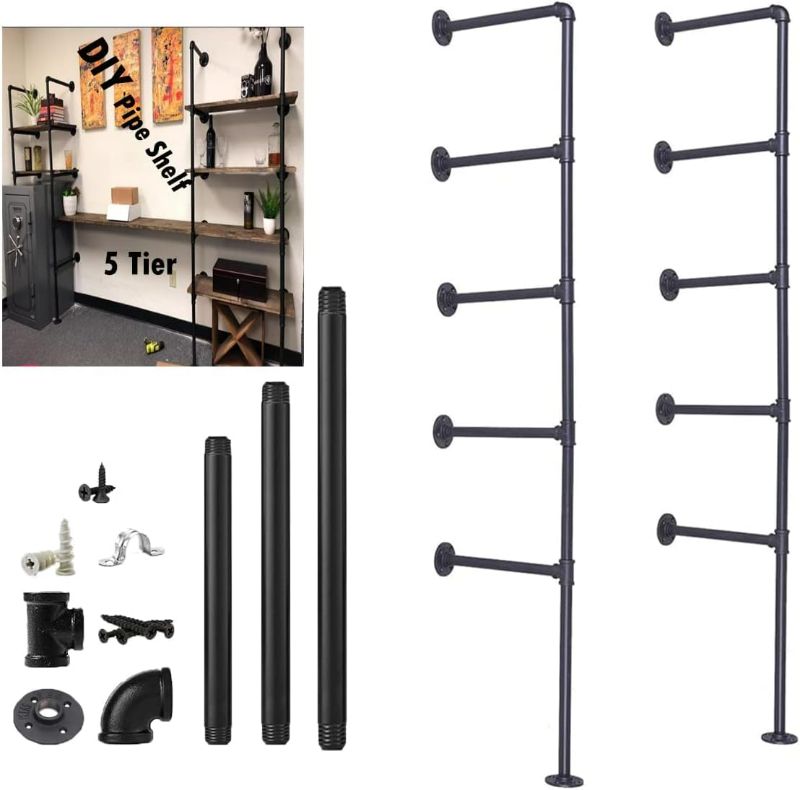 Photo 1 of 5 tier Industrial Wall Mount Iron Pipe Shelf Shelving Bracket Vintage Retro Ceiling Hung shelf DIY Open Bookshelf Storage for office Room Kitchen (2PcsX5Tier,70" Tall,12"deep,Hardware Only