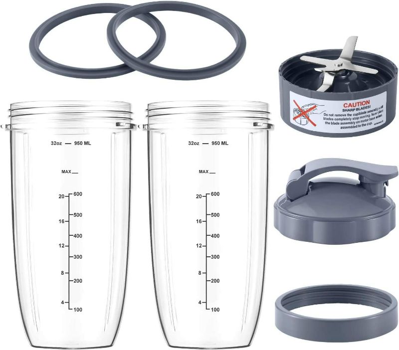 Photo 1 of 7 Pieces nutribullet Blender Cups & Blade Replacement Set 32oz Huge Cup with 1 Flip-Top To-Go Lid and 1 Lid Ring & Premium Extractor Blade with Compatible with NutriBullet 600w/900w Blender
