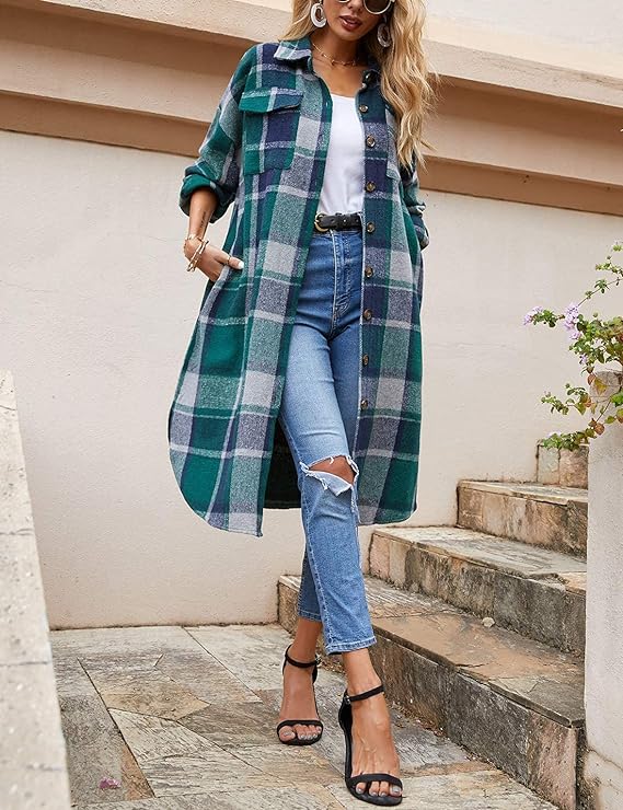 Photo 1 of (L) Omoone Women's Lounge Lapel Button Up Long Sleeve Plaid Long Shirt Jacket Shacket Size Large