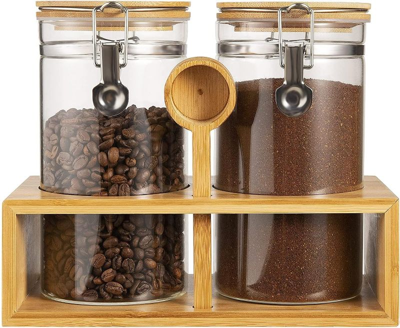 Photo 1 of YangbagaGlass Coffee Canister for Ground Coffee, 2×45OZ Coffee Containers with Shelf Coffee Station Coffee Bar Accessories Organizer Decor, Food Storage Jar with Bamboo Coffee Scoop for Kitchen