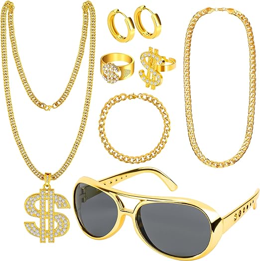 Photo 1 of Dreamtop Hip Hop Costume Kit, 80s 90s Accessories Outfit for Men Hip Hop Rapper Costume Accessories Fake Gold Chain