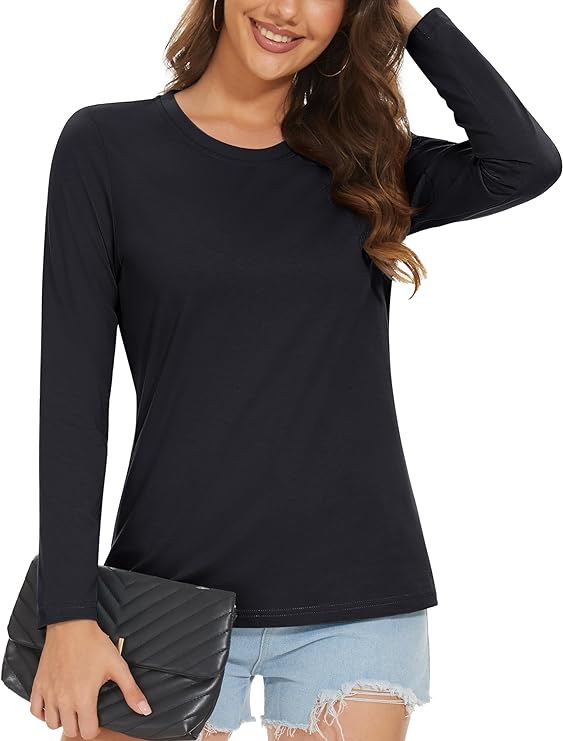Photo 1 of Size S -  MAGCOMSEN Women's Long-Sleeve Crew-Neck Cotton T-Shirt Classic-Fit Shirt Soft Breathable Casual Tee Basic Tops