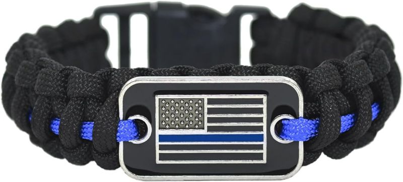 Photo 1 of Great 1 Thin Blue Line American Flag Paracord Bracelet with Detachable Buckle Clasp - Tactical and Military Survivalist Accesory - Police Law Enforecement