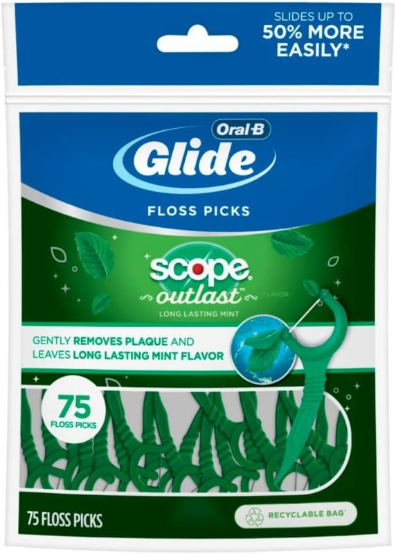 Photo 1 of 2 piece lot- Oral-B Complete Glide Floss Picks, Scope Outlast, 75-ct / Zinyakon Two Hole Gel Small Toe Separator, 12 Pcs Little Toe Spacer for Overlapping Toe, Calluses, Blister, Relieve Foot Pain, Pinky Toe Corrector for Little Toe Bunion Pain