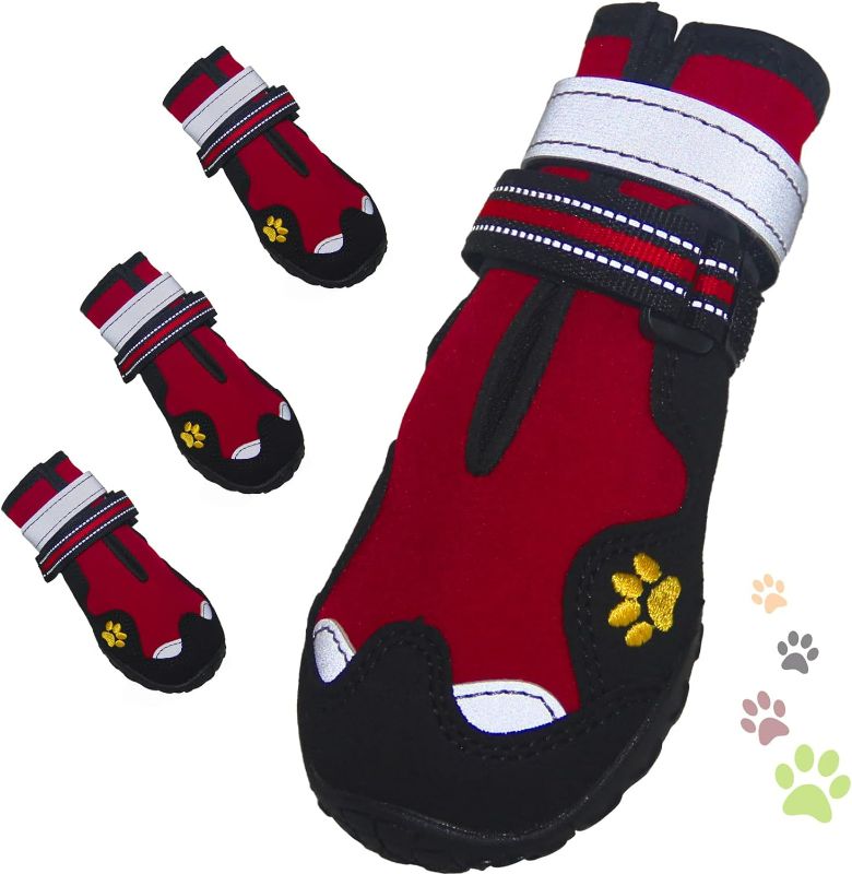 Photo 1 of Dog Shoes, FISHOAKY Dog Shoes for Medium Dogs, Anti Slip Dog Boots & Paw Protectors for Winter Snowy and Summer Hot Pavement, 4 Pack Dog Booties Waterproof for Small Dogs with Red (Size 3)