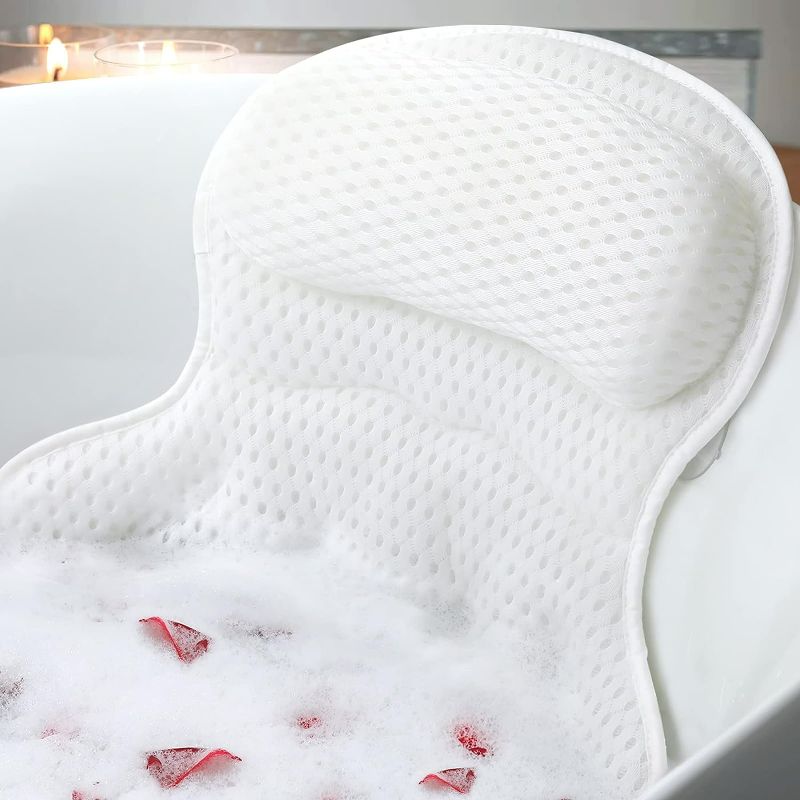 Photo 1 of Bath Pillow Bathtub Pillow, Luxury Bath Pillows for Tub Neck and Back Support, Bath Tub Pillow Headrest with Soft 4D Mesh Fabric and Non-Slip Suction Cups, Relaxing Bath Accessories Spa Gifts