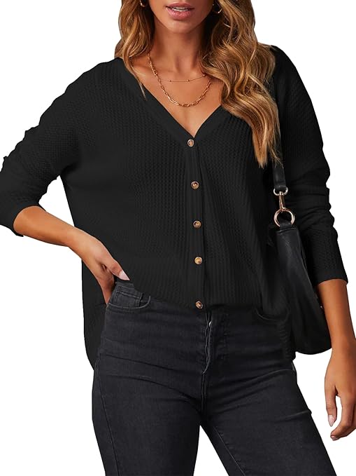 Photo 1 of (L) Misng Women Casual Button Down V Neck Blouses Long Sleeve Solid Color Stand Collar Knitted Fall Tops Cute Relaxed Fit Shirts Size Large