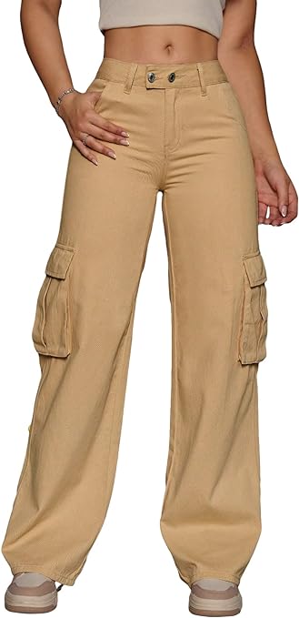 Photo 1 of (S) WDIRARA Women's Solid Cargo Pants Flap Pocket Side Wide Leg Zipper Fly Loose Denim Pants Size Small