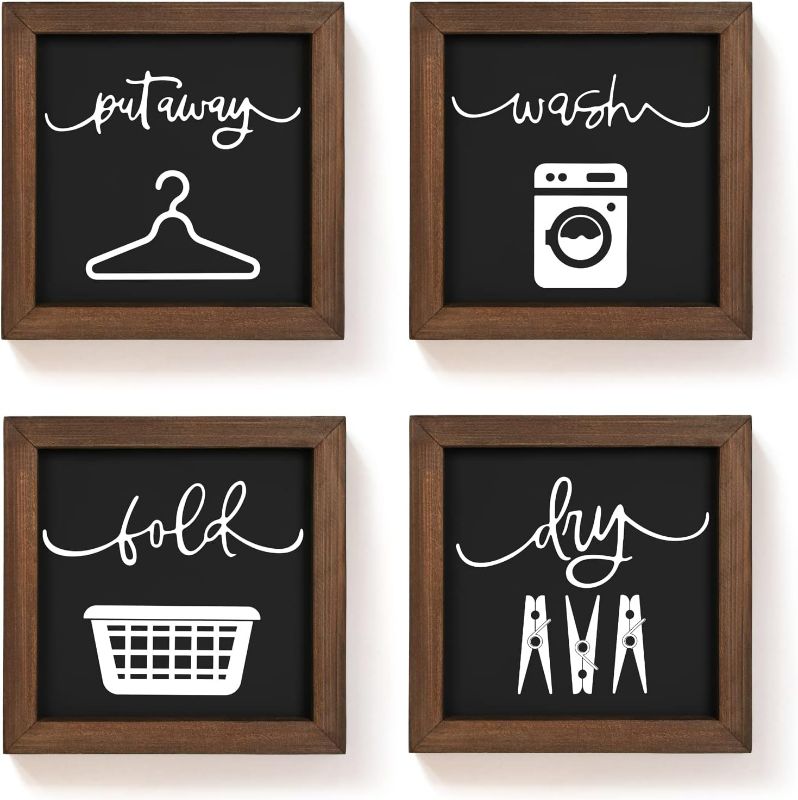 Photo 1 of Laundry Room Decor for Wall Farmhouse Laundry Signs Set of 4 Wash Dry Fold Put Away Rustic Laundry Decor for Laundry Room Shelf Laundry Wall Decor with Wood Frame Decorative Laundry Room Sign 8''x 8''