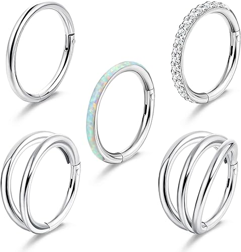 Photo 1 of YADOCA 5Pcs 18G 16G Surgical Steel Nose Rings Hoops for Women Men Clicker Septum Hinged Segment Lip Nose Rings Helix Cartilage Conch Rook Earrings CZ Opal Body Piercing Jewelry 8mm 10mm