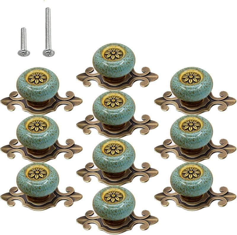 Photo 1 of HUAMULAN 10 Pack Retro Ceramic Knobs,Vintage Dresser Kitchen Petal Cabinet Pulls Rustic Zinc Alloy Base Back Plate Kid Cupboard Wardrobe Drawer Door Handles