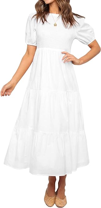 Photo 1 of (M) ZESICA Women's 2024 Casual Summer Crew Neck Short Puff Sleeve Smocked High Waist Ruffle Tiered A Line Midi Dress Size Medium