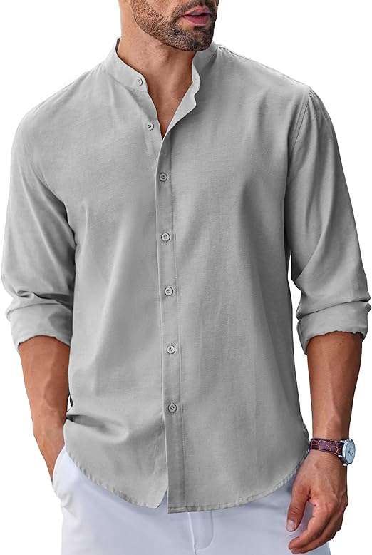 Photo 1 of (3XL) COOFANDY Men's Long Sleeve Oxford Dress Shirts Chambray Button Down Shirt Casual Band Collar Shirts Size XXXL