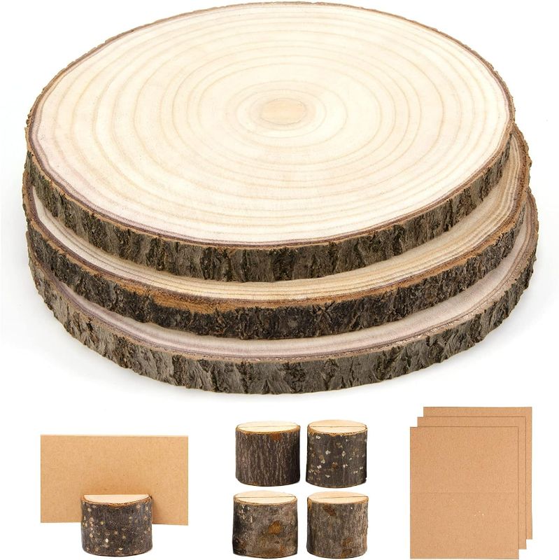Photo 1 of Pllieay 3 Pieces 9-10 Inch Wood Cake Stand Large Wood Slices Serving Tray, with 5 Pieces Cards and 5 Pieces Wood Table Number Card Holders for Table Centerpiece, Wedding Cake and Other DIY Projects