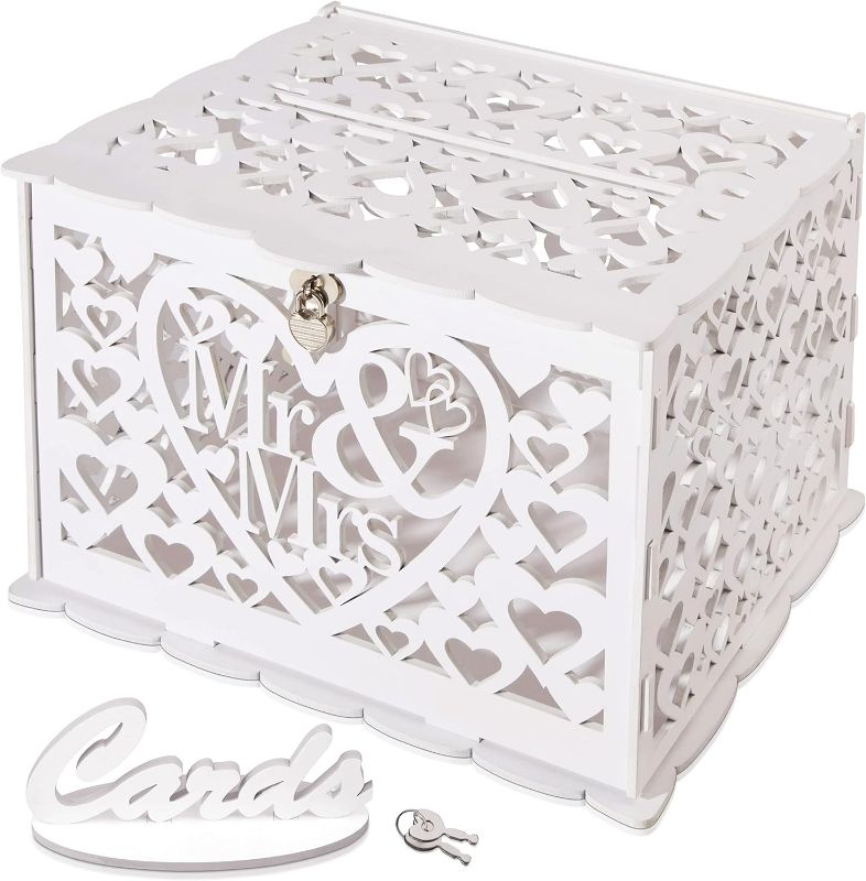 Photo 1 of Great Lakes Memories GLM Wedding Card Box with Lock and Key, Rustic Wedding Card Boxes for Reception Decoration, Sturdy and Easy To Set Up Money Box for Wedding (White)