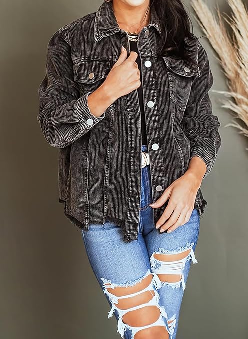 Photo 1 of (L) loveimgs Women's Cropped Button Down Collared Corduroy Jacket Vintage Frayed Hem Distressed Shacket Coat Size Large