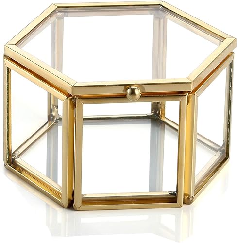 Photo 1 of JOVIVI Gold Copper Faceted Hexagonal Clear Glass Lid Terrarium Box/Bracelet Ring Jewelry Display Organizer Decorative Box Case Home Desk Decor