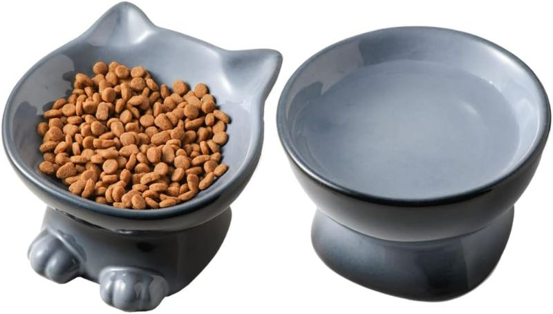 Photo 1 of Nihow Ceramic Raised Cat & Dog Bowls: 5 Inch Elegant Gray (2 PC), Protecting Pet's Spine, Feeding & Watering Supplies, Modern Design, Anti Vomiting, Whisker Friendly