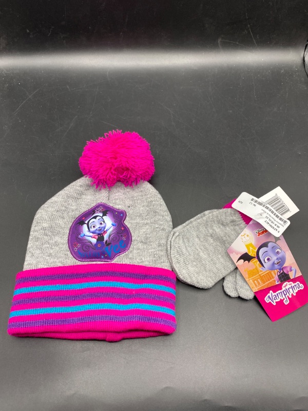 Photo 2 of Beanie Cap - Disney - Vampirina Pink/Grey Girls W/Mittens Set Hat 358928
