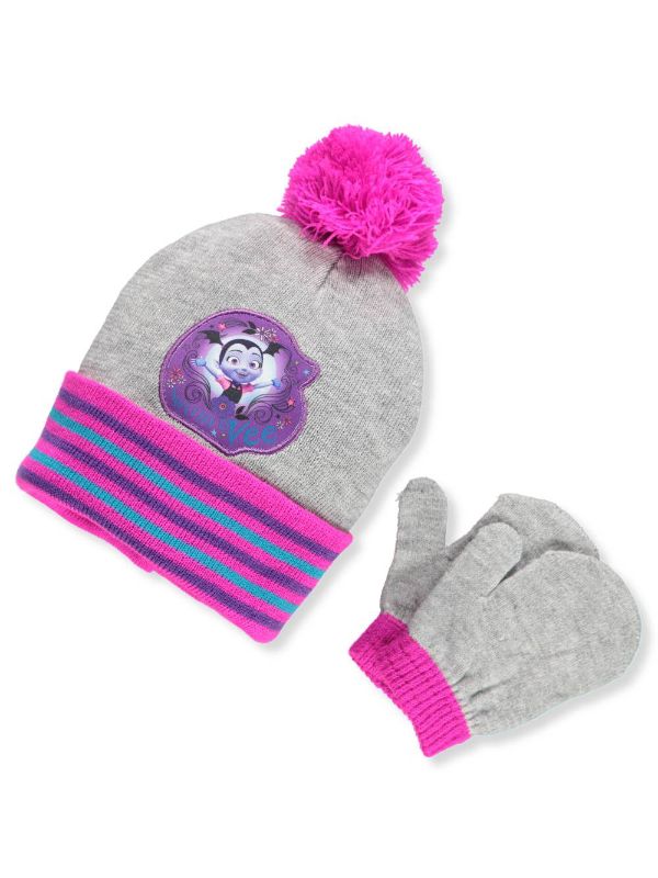 Photo 1 of Beanie Cap - Disney - Vampirina Pink/Grey Girls W/Mittens Set Hat 358928
