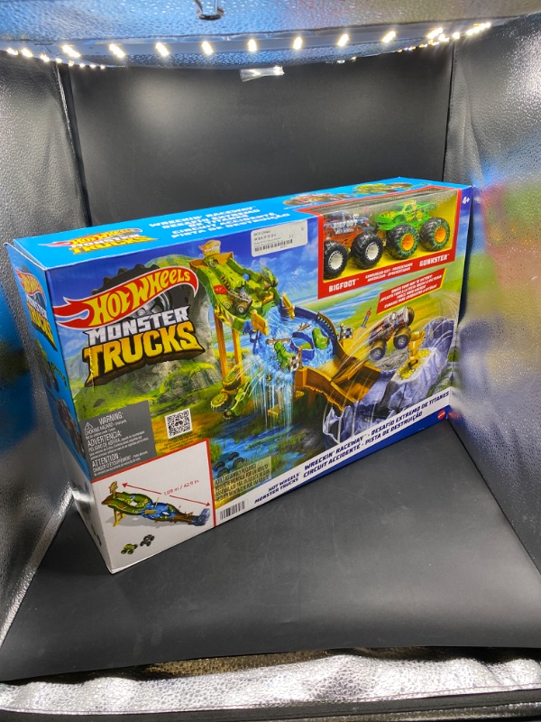 Photo 2 of Hot Wheels Monster Trucks Wreckin' Raceway Playset with 2 Toy Trucks Bigfoot & Gunkster
