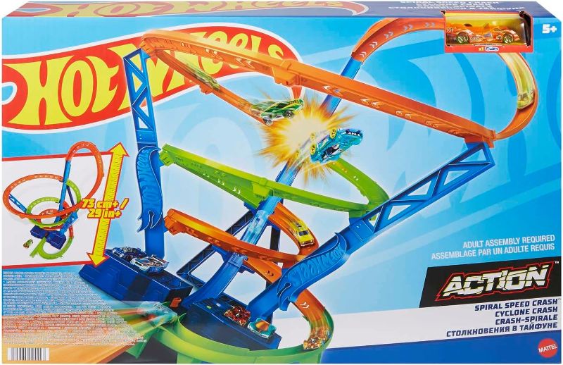 Photo 2 of Hot Wheels Track Set and 1:64 Scale Toy Car 29 Tall Track with Motorized Booster for Fast Racing Action Spiral Speed Crash Playset
