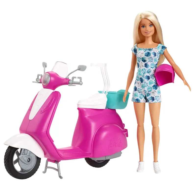 Photo 1 of Barbie Doll, Blonde, and Pink and White Scooter with Kickstand and Teal Basket Multi
