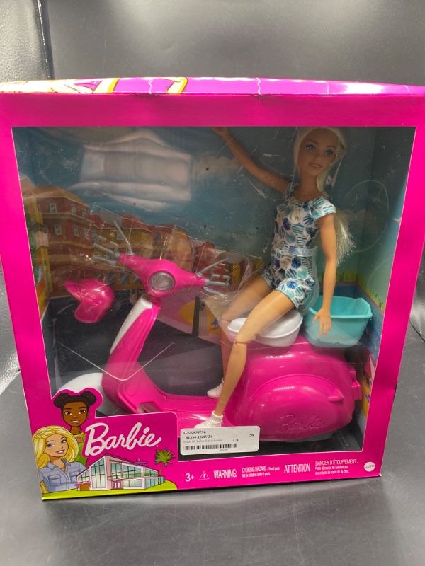 Photo 2 of Barbie Doll, Blonde, and Pink and White Scooter with Kickstand and Teal Basket Multi
