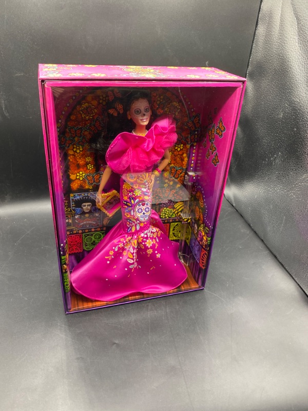 Photo 2 of Barbie Signature Doll, 2023 Dia de Muertos Collectible Wearing Ruffled Pink Gown, Holding Tiny Ofrenda, Doll Stand
