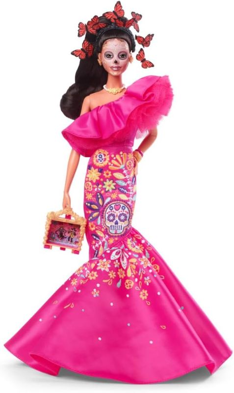 Photo 1 of Barbie Signature Doll, 2023 Dia de Muertos Collectible Wearing Ruffled Pink Gown, Holding Tiny Ofrenda, Doll Stand
