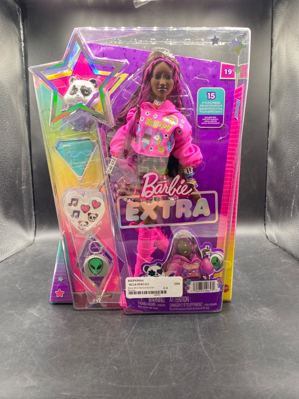 Photo 2 of Barbie Extra Doll & Accessories with Pink-Streaked Brunette Hair in Graphic Hoodie & Plaid Skirt with Pet Panda
