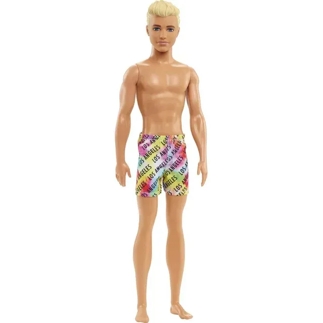 Photo 1 of Barbie Ken Beach Doll with Blonde Hair Dressed in Colorful Los Angeles-Print Swim Trunks
