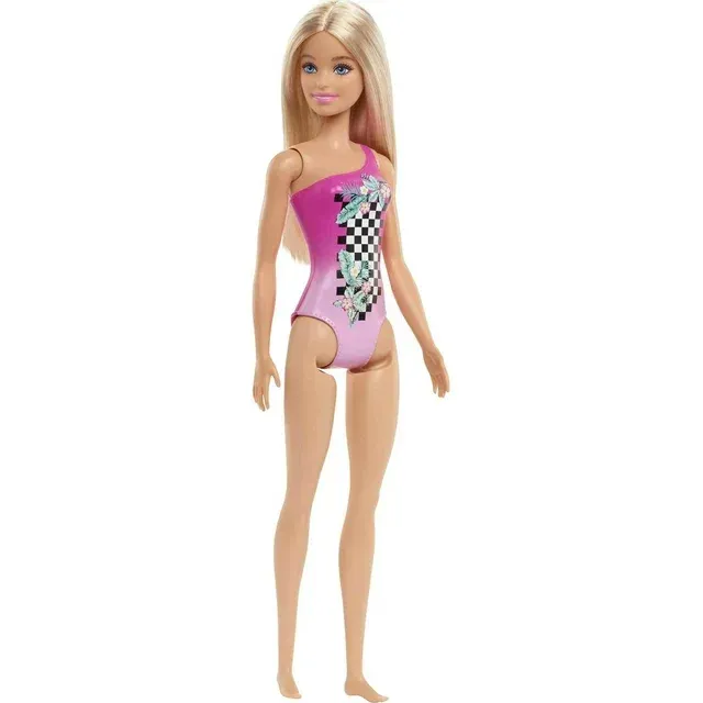 Photo 1 of Barbie Beach Doll in Pink Checkered Swimsuit with Straight Blonde Hair
