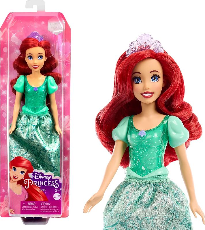 Photo 1 of Mattel Disney Princess Ariel Fashion Doll, Sparkling Look with Red Hair, Blue Eyes & Tiara Accessory
