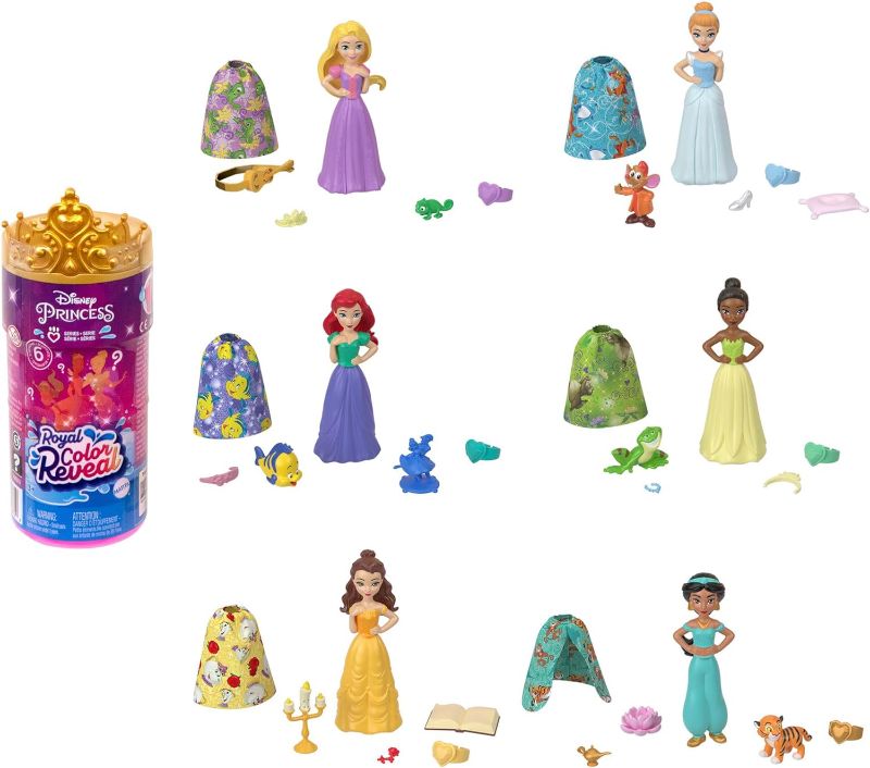 Photo 1 of Mattel Disney Princess Small Doll Royal Color Reveal with 6 Surprises Including 1 Character Figure and 4 Accessories (Dolls May Vary)
