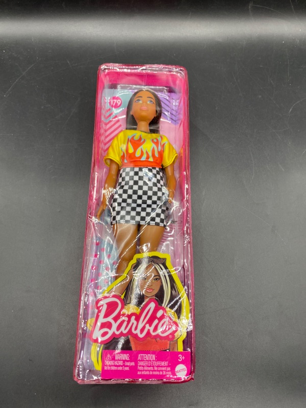 Photo 2 of Barbie Fashionistas Doll, Curvy, Long Highlighted Hair & Flame Crop Top, Checkered Skirt, Sneakers & Sunglasses, Toy for Kids 3 to 8 Years Old
