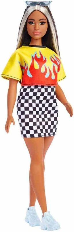 Photo 1 of Barbie Fashionistas Doll, Curvy, Long Highlighted Hair & Flame Crop Top, Checkered Skirt, Sneakers & Sunglasses, Toy for Kids 3 to 8 Years Old
