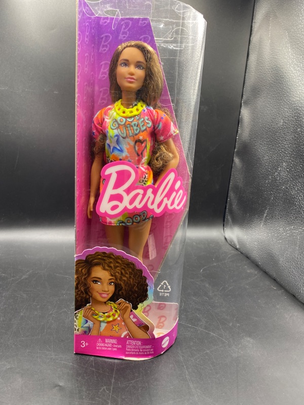 Photo 2 of Barbie Fashionistas Doll Athletic Body Shape and Curly Brown Hair with Graffiti Dress
