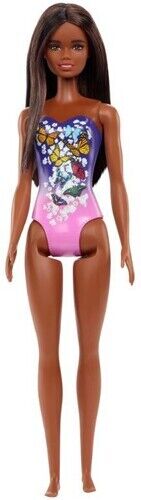 Photo 1 of Barbie Beach Doll in Purple Butterfly Swimsuit with Straight Black Hair
