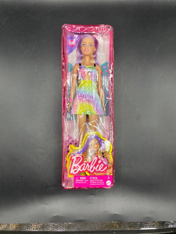 Photo 1 of Barbie Fashionistas Doll #190 with Purple-Streaked Blonde Hair, Romper Dress, Yellow Wedge Sneakers & Bracelet Accessory
