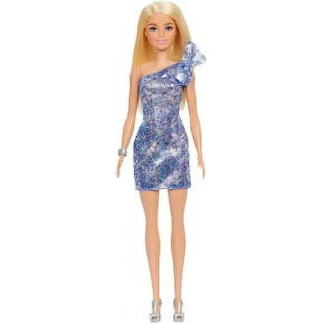 Photo 1 of Barbie Blonde Hair Blue Eyes with Short Blue Sequins Mini Dress and Silver Platform Shoes
