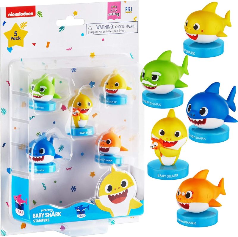 Photo 1 of Baby Shark Toy Stampers Set of 5 – Self-Inking Baby Shark Toys, Action Figures, Party Decor, Birthday Party Supplies, Cake Toppers – Parent, Baby, Grandparent Sharks and William - Party Decor (B)
