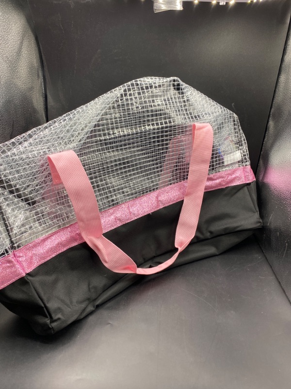 Photo 2 of Duffle Bag 300D Poly w/hangtag- Top Pink, Bottom Blk, strip & handles pink glitter-Asst Pink & Blue
