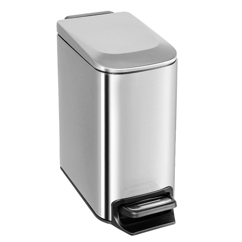 Photo 1 of Small Bathroom Trash Can with Lid Soft Close, 6 Liter / 1.6 Gallon Stainless Steel Garbage Can Narrow with Removable Inner Bucket, Step Pedal (Silver)
