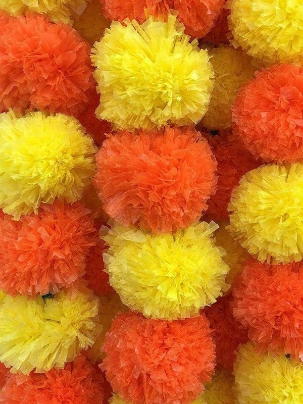 Photo 1 of 20 Yellow with Orange Color Artificial Strings Marigold Flower 4.5 FEET Long for Parties Weddings Indian Theme Decorations Home Decoration Diwali Festival Christmas Garland Strings
