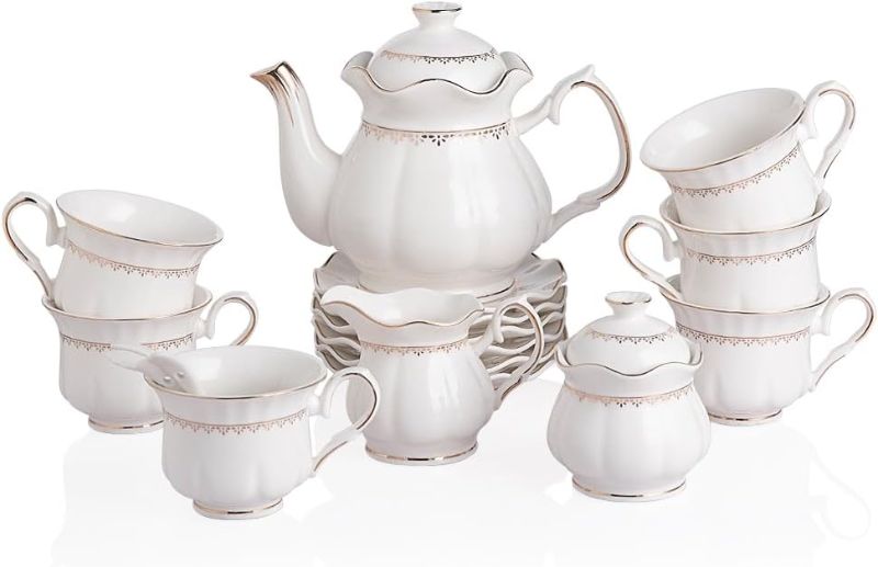 Photo 3 of Sweejar 21 Piece Porcelain Tea Set With Gold Trim - Ceramic Tea pot and Sugar & Creamer Pitcher, Delicate Tea Cup and Saucer Set of 6, Suitable for daily life
