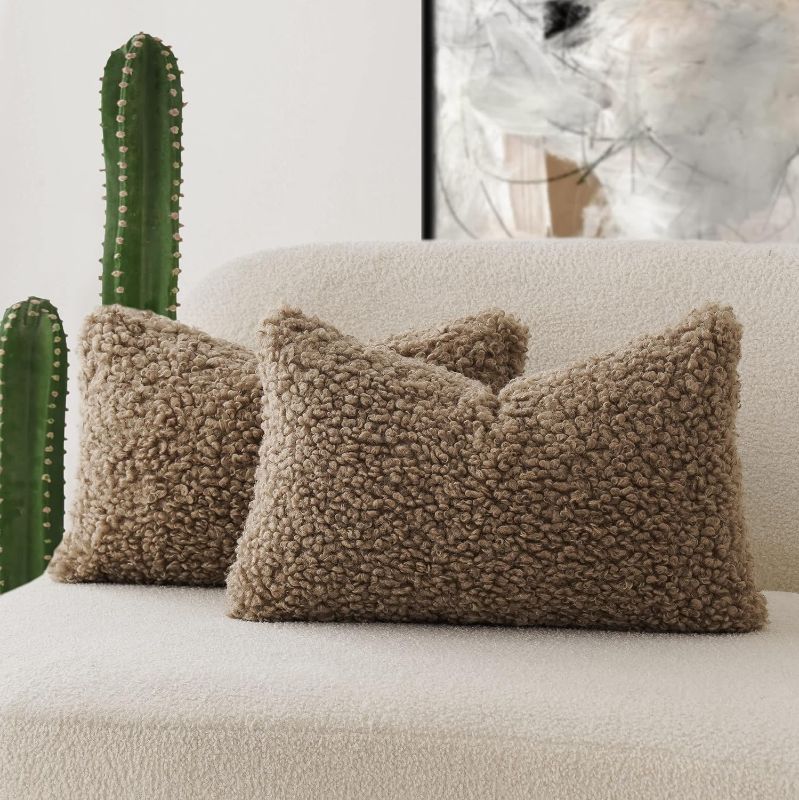 Photo 1 of Foindtower Set of 2 Curly Teddy Wool Pillow Covers Decorative Boucle Textured Lumbar Throw Pillow Faux Fur Pillowcases Sheepskin Cushion Case for Sofa Bedroom Car 12"x20" Khaki
