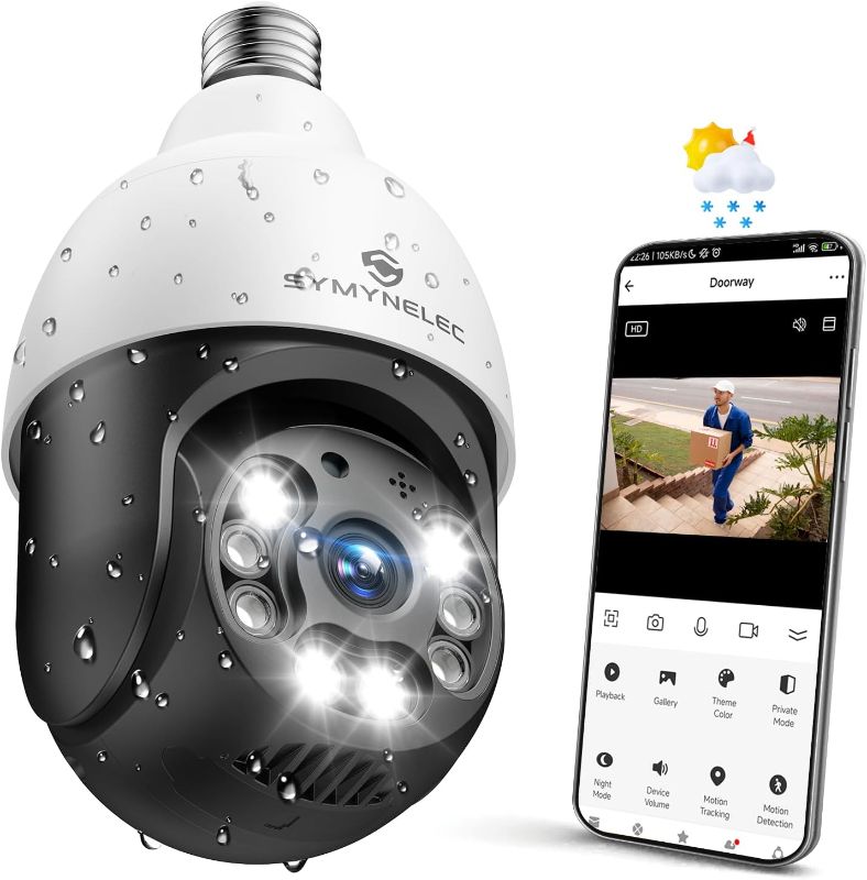 Photo 1 of SYMYNELEC Light Bulb Security Camera Outdoor Waterproof 2.5K, 2.4GHz Wireless WiFi Light Socket Cam with AI Human Motion Detection Tracking 4MP Color Night Vision Siren Alarm Works with Alexa Google
