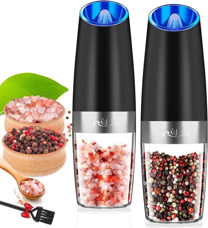 Photo 1 of Gravity Electric Salt and Pepper Grinder Set, Automatic and Battery-Operated with Adjustable Coarseness, LED Light, One Hand Operated By Rongyuxuan
