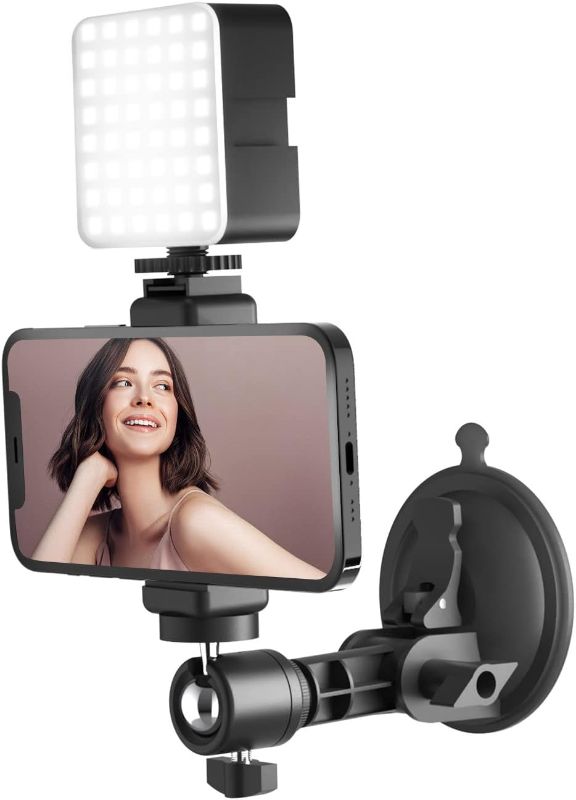 Photo 1 of Suction Cup Mirror Phone Holder with Light, Travel Wall Phone Camera Mount for Makeup Content Creator Essentials, Mirror Tripod for Bathroom Kitchen Compatile with All Smooth Surface
